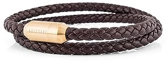 Akitsune Suprema Magnetisches Lederarmband - Armschmuck Damen Herren Edelstahl - Doppelt Gewickelt Armband Gold - Braun 43cm