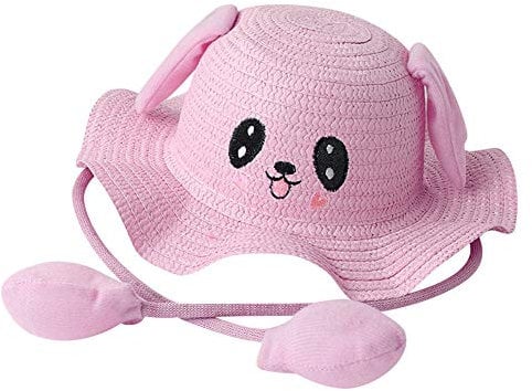 Kids Straw Sun Hat Funny Bucket Hat Wide Brim Summer Sun Protection Hat Children Foldable Beach Cap Cute Fisherman Hat UPF 50 Outdoor Sunblock Hat with Moving Ears for Girls Boys 4-8 Years Old Pink