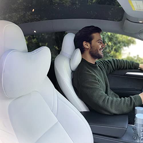 TESBEAUTY Upgraded Auto Kopfstütze Kissen 2 Packungen Echtes Nappaleder Auto Nackenkissen Tesla Model Y Model 3 Model X Model S Universal Fit Nackenstützkissen Weiß