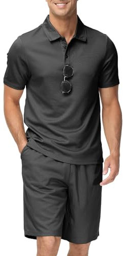 JINSHI Freizeitanzug Sportanzug Herren Trainingsanzug Sommer Jogginganzug 2-Teiliges Outfit Sets Kurzarm Shirts Polokragen mit Brillenhalter und Sport Shorts mit Taschen Dunkelgrau 3XL