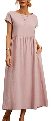 ORANDESIGNE Robe Tunique Femme Coton Et Lin Manches Courtes Chic et Elegant Longue Swing Robe Plage Boho Ample Robe Tee Shirt avec Poche Maxi Robe Grande Taille Décontractée été A Rose 3XL