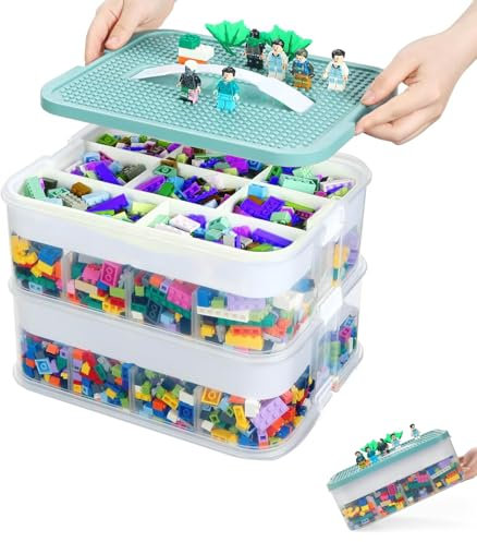 Primst Stackable Toys Organizer Storage Box with Adjustable Compartments, Building Blocks Storage Box with Handle, Clear Storage Containers for Building Brick Dolls Toys (Green,4-tier)