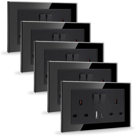 JIMEIDA 5 Pack 20W Black Double Switched Socket Fast Charging 13 Amp with USB A and USB C Charging Ports Crystal Glass Panel Wall Outlet,250V