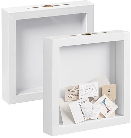 EUGAD 2 Stück 3D Bilderrahmen zum Befüllen, Objektrahmen Spardose 20x20 cm, tiefer Rahmen für Objekte bis 3 cm, Holzrahmen Quadratisch für Ticket, Weinschnur, Bierdeckel, Weiß