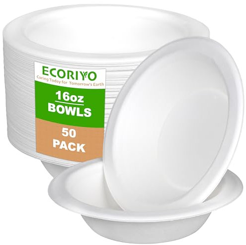 ECORIYO Sugarcane Disposable Bowls 16 Oz - 50-Pack of 480ml Biodegradable Paper Bowls, Compostable & Disposable Soup Bowls from Sugarcane – Bulk Pack of Heavy Duty Party Bowls
