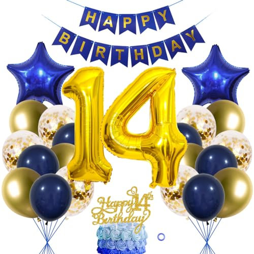 SNOWZAN 14 Geburtstag Deko Junge Mädchen Ballon Deko 14. Geburtstagsdeko Junge Marinebla Gold Geburtstag Tortendeko 14. Geburtstag Deko Luftballon 14.geburtstag Happy Birthday Banner Für Party