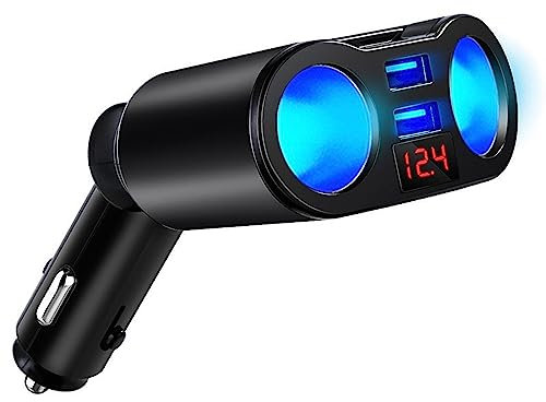 Ruiqas Car Charger Cigarette Lighter Splitter Adapter with 2 Sockets 2 USB Ports 12V/24V Car Charger Power Outlet Splitter with Voltage Display