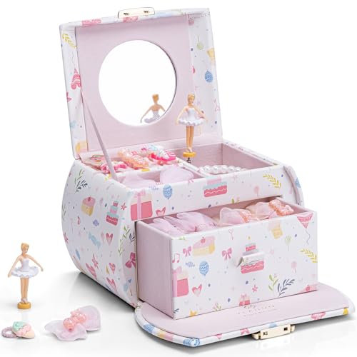 Vlando Spieluhr Schmuckkästchen Mädchen mit Schubladen, Geburtstagsgeschenk Mädchen Geschenke 6 7 8 Jahre, Schmuckkasten Kinder, Ballerina Schmuckschatulle aus Leder mit Kanon Melodie und Schlüssel