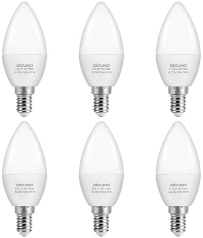 DiCUNO E14 5W Small Screw Candle Light Bulbs, 550LM, 50W Halogen Equivalent, Warm White 2700K, SES C37 E14 Bulbs for Chandeliers, CRI90, 6Pcs