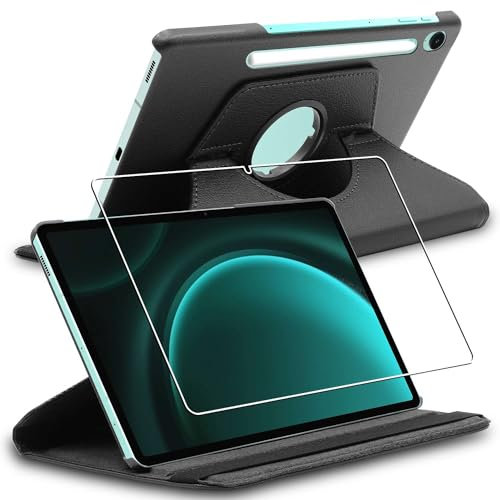 ebestStar - Funda para Samsung Galaxy Tab S9 FE X510N, 5G X516B, Carcasa Capa Giratoria, 360 Protectora, Cuero PU Soporte, Negro + Cristal Templado