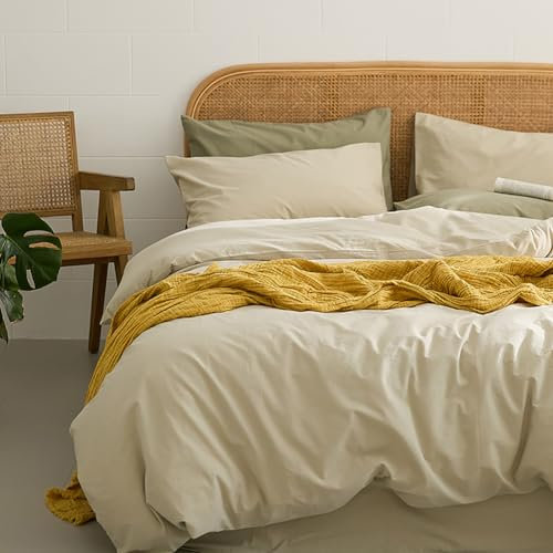 AShanlan Bettwäsche 200x200 Beige Einfarbig Weich & Atmungsaktiv Gewaschene Microfaser Bettbezug mit 2 Kissenbezug 80x80 cm Doppelbett Alle Jahreszeiten Bettwäsche Set