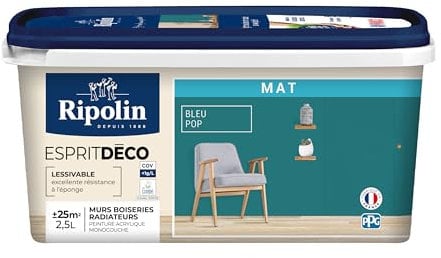 RIPOLIN - Peinture Intérieure Multi-Supports – Murs, Boiseries & Radiateurs – Ultra Couvrante – Lessivable – Application Facile – Ecolabel - Aspect Mat - 2,5L - Bleu Pop