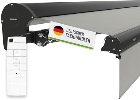 empasa Elektrische Kassettenmarkise 'Expert' Gelenkarmmarkise Markise Sonnenschutz mit manuell ausfahrbarem Volant, komplett vormontiert, Farbe:hellgrau, Größe:3.5 x 2.5 m