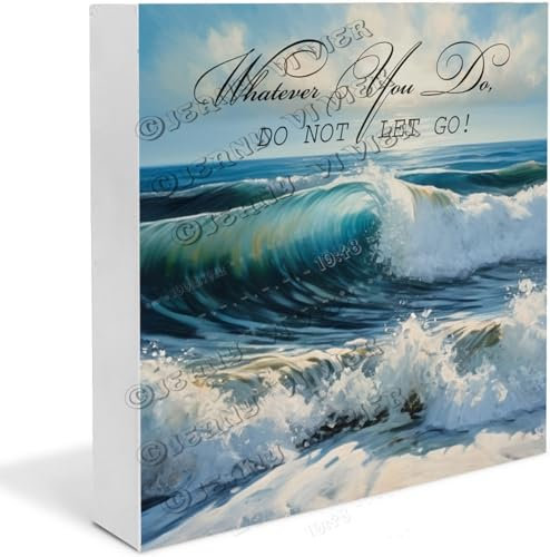 Ocean Wave Inspirational Quote Wooden Box Sign Beach Gifts Funny Summer Design Boho Decor for Shelves Table Centerpiece Ideas Wood Block Signs Housewarming Gifts 7x7