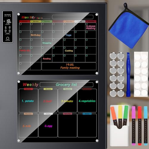 Acrylic Magnetic Calendar for Refrigerator, 2 Pack 30x40cm/12x16inch Black Fridge Calendar, Dry Erase Planning Boards, Monthly Planner and Weekly Planner