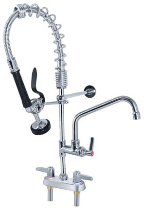 TAIMIKO Commercial Kitchen Pre-Rinse Spray Tap with Pull Down Sprayer - 4-Inch Center Mixer Faucets for Dish Washing, Deck Mounted, Add-on 8 Swing Spout Pull Out Flexible Hose with Twin Pedestal