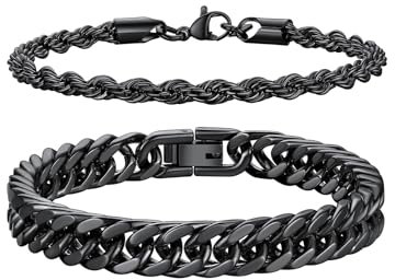Richsteel Edelstahl 2 Stück Armbänder für Herren gestapelt 8MM Double Weave Arc Armband & 3MM Twist Armband Schwarz 23CM
