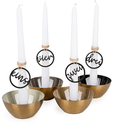 Logbuch-Verlag Adventskranz Weihnachten Geschenk Frau Metall mit Vier Kerzen und Adventszahlen aus Holz 1 2 3 4 Gold weiß schwarz