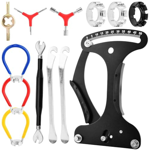 Saycker 13-teiliges Fahrrad-Speichen-Werkzeugschlüssel-Set, Fahrrad-Indikator-Messgerät, Tensiometer mit Radreparaturwerkzeug mit Ventilschlüssel, Speichenschlüssel, Reifenheber, Sechskant,