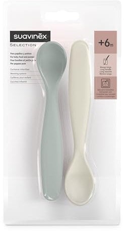 Suavinex, Pack 2 Cucharas para Bebés de Aprendizaje. Cucharas Infantiles. Aptas Encías Sensibles. Con Mango Largo. Ideal Papillas y Potitos. Aptas Lavavajillas. Ergonómicas. Bebés +6 Meses, Verde