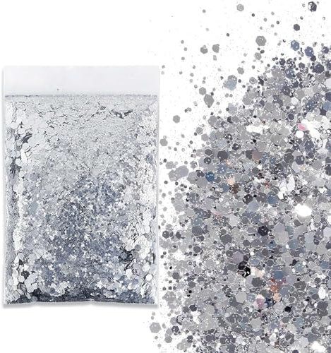 SHUOHONG 100g Glitzer Basteln Kinder, 3 Größen Gemischt Glitter, Groß Glitzer zum Basteln, Feiner Glitzer Wandfarbe, Pailletten Glitzerpulver für Make-up, Karten, Nagelkunst, DIY (Blitzsilber)