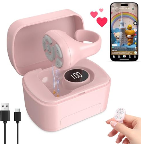 Fingertip Wireless Bluetooth Remote Control with Mobile Phone Stand, Scrolling Ring for Android/IOS, Scroller Ring for TikTok Page Turner Camera Video App, Finger Remote with Charging Case, Pink