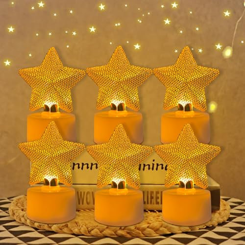 6 Stück LED Teelichter Kerzen Metall, Teelicht Kerzenhalter Weihnachten mit Batterie, Flammenlose Elektrische Kerzenlampe, Weihnachten Deko Nachtlicht, Weihnachtskerzen für Tischdeko (Stern)