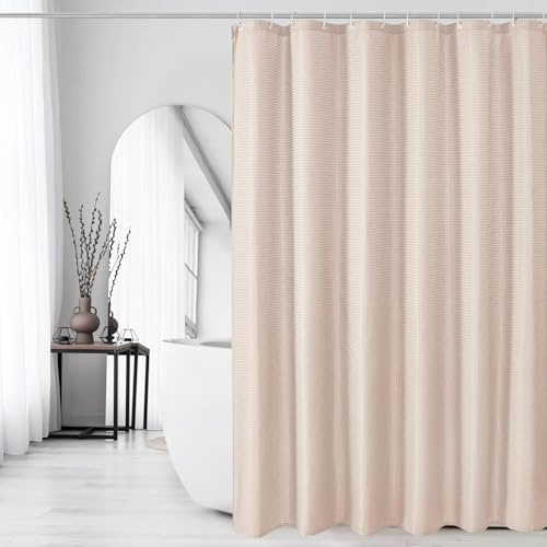 Bingobang Shower Curtains Set for Bathroom with 12 Hooks, Mould Mildew Proof Resistant, Waffle Fabric Bath Bathtub Curtain Washable for Wet Room (Blush Pink, 71 x 71 Inch)