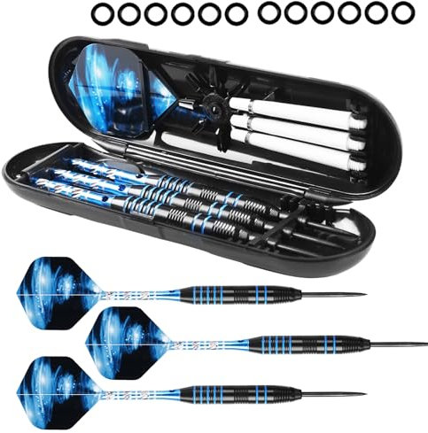 WIYETY Professional Steel Dartpfeile mit Metallspitze 22g - 3 Stück Stahl Darts Set mit Aluminium Schaft, Ersatzflügen & Gummiringen - Dartpfeile Metallspitze Profi für Turniere (Blau)