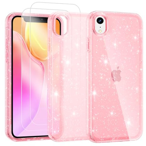 Noyabox für iPhone XR Transparent Glitzer Hülle mit 2 Panzergläsern, Handyhülle Silikon Funkelnd Weich Leicht Kratzerfest TPU Case, Rosa