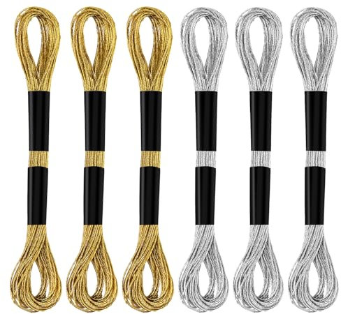 6 Stränge Stickgarn, Metallisches Stickgarn Freundschaftsarmband Kreuzstichgarn zum Nähen, Herstellen Garnhandwerk Schnur Künstlerbedarf (Gold + Silber)