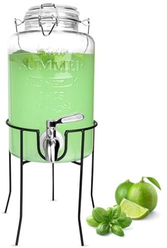 Sendez Dispenser per bevande da 3 l, con rubinetto in acciaio inox, coperchio in vetro e supporto