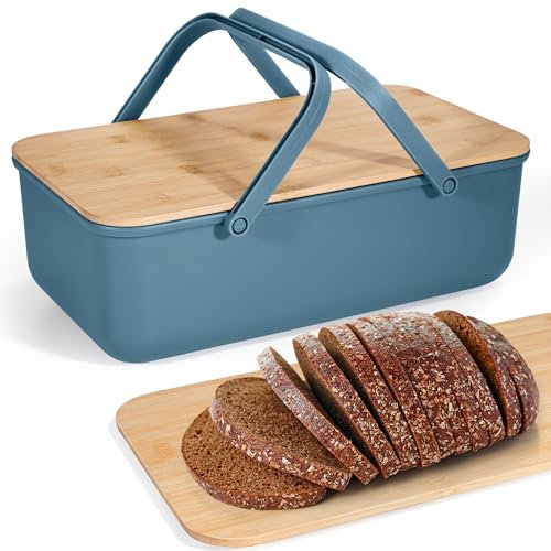 Boîtes à pain avec couvercle, boîte à pain avec poignées bleues, boîte à pain pour cuisine, spacieuse boîte à pain rétro en, pour conserver le pain longtemps et le garder frais, 38x21x13cm
