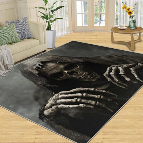 HYGIUID Fußmatte Dark Sensenmann – 60 x 90 cm, Gothic-Totenkopf-Küchenteppich, Horror-Skelett, für drinnen und draußen, Fußmatte, untotes Design, waschbar, für Flur, Flur, Schlafzimmer, Nachttisch