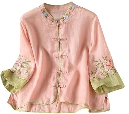 Linen Shirts for Women Clearance Ladies Summer Tops Floral Embroidered 3/4 Sleeve Boho Tops Dressy Casual Blouses Elegant Tunic Shirts Loose Flowy Tees Spring Summer Outfits