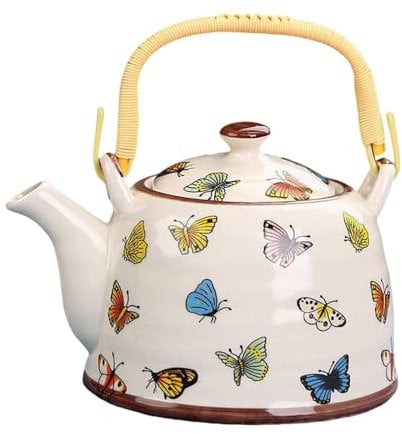 Pitycbo Porzellan Teekannen Kaffeekanne 900 Ml Ergonomischer Griff Wasserkessel mit Abnehmbarem Sieb für Camping Wanderung Wanderung zu Hau, Schmetterling