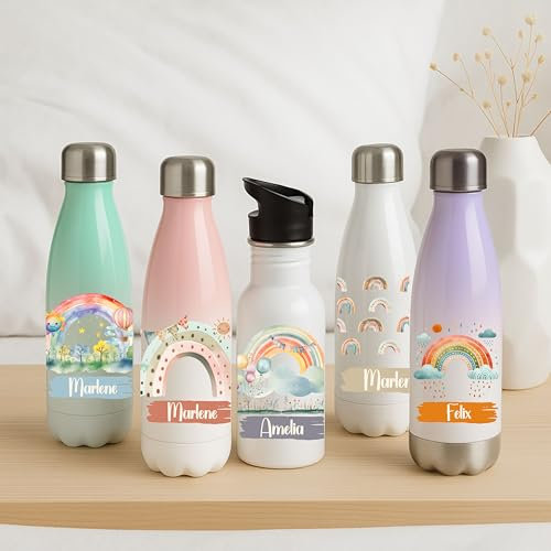 Edelstahl Kinderflasche personalisiert 500ml – Regenbogen Motiv mit Namen – Thermoflasche oder Strohhalm – Auslaufsicher BPA-frei – Kita Schule Geschenk Mädchen Junge