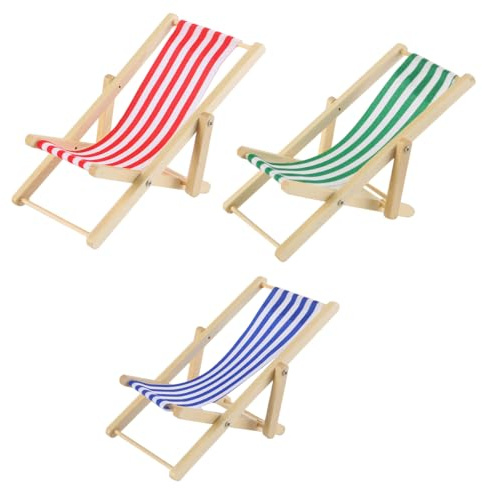 Alnicov 3 Stück Miniatur-Strandstuhl Für Puppenhäuser, Mini-Klappstuhl Aus Holz Für Strandpuppenhäuser, Mini-Liegestuhl, Puppenhausmöbel-Zubehör Für Drinnen Und Draußen