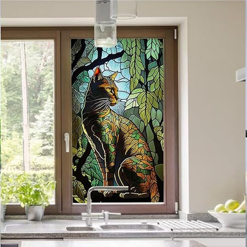 Fensterfolie Blickdicht 70X120CM Blätter Und Katzen Sichtschutzfolie Fenster von Aussen Anti-Uv,Fenster Folie Blickschutz für Badezimmer, Duschkabine Sowie Türen, Umkleide