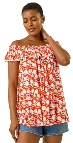 Roman Originals Printed Bardot Trim Detail Top for Women UK - Ladies Everyday Holiday Spring Summer Comfy Soft Evening Vacation Work Party