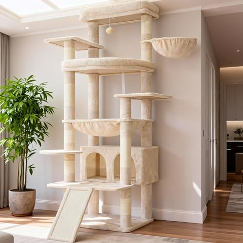 Heybly Tall Cat Tree for Large Cat, 191cm Multi-Level Cat Tower HCT038M | Condo Furniture for Indoor Cats with Large Baseboard, 2 Widened Plush Perches, Scratching Board, Big Caves, Beige