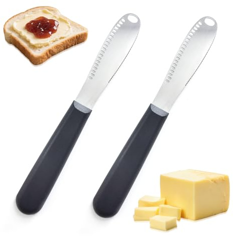 3-in-1 Butter Knife Spreader and Curler, Stainless Steel Butter Spreader for Cold Butter, Serrated Edge Bread Knife for Breakfast, Ergonomic Handle Kitchen Grater Gadget for Cheese and Jam, 2-Piece Set