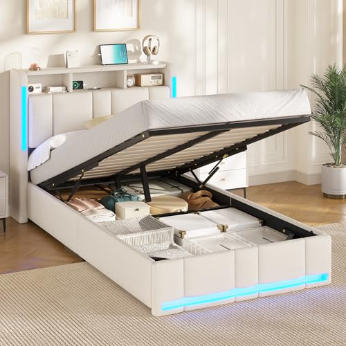 AOGLLATI Lit Coffre 90x200 CM, Lit Double avec LED et Ports USB, Cadre de lit avec Tête de Lit capitonné et Rangement, Lattes en Bois, Lin Beige(sans Matelas)