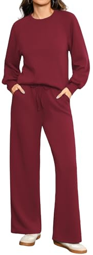 Totatuit Jogginganzug Damen Zweiteiler mit weiter Hose als Freizeitanzug | Hausanzug Langarm, Loungewear Set mit Rundhals, Kordelzug und Taschen, locker und einfarbig für Alltag Zuhause und Reise