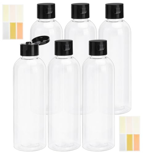 KQDRAVINE Ensemble de 6 Flacons Voyage 200 ml et un Paquet D'étiquettes Autocollantes Bouteille Voyage Rechargeables avec Bouchons à Rabat pour Shampoing, Après-shampoing, Lotion, Crèmes