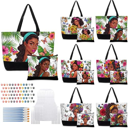 Mindsoft 24 Pcs Paint and Sip Kit for Adults Pre Drawn Canvas Bags Set Afro Painting DIY Tote Bags Making Kit with Paintbrushes, Paints, Apron Makeup Bag, for DIY Painting Party Women Adults