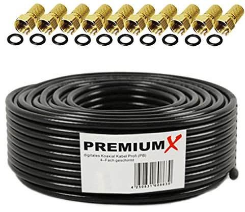 Premium X Profesional Set de Cables Coaxiales 25m – Cable Satelital Negro | Cobre Puro | Cable de Antena Blindado de 4 vías | Incluye 10 Conectores F-Admite 8K, 4K UHD y 3D para Sat, Cable, DVB-T