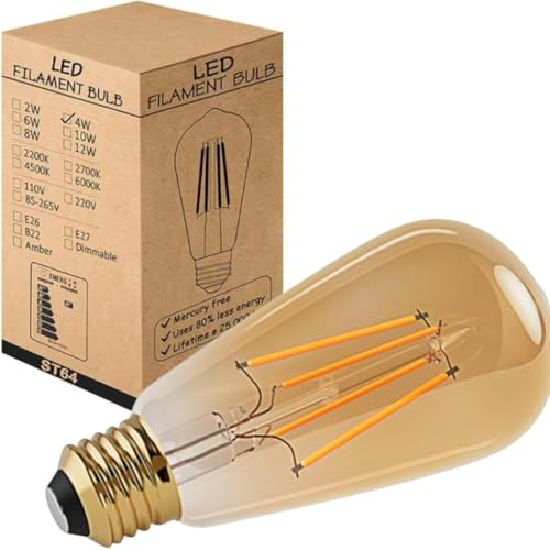 LEDSone Vintage Style E27 Screw ST64 LED Dimmable Bulbs, 4W Edison Light Bulb, 2700K Warm White, Amber Energy Saving Filament Decorative Bulbs