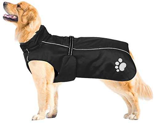 MOREZI Hundejacke Mantel, Winddicht wasserdicht, mit reflektierenden Streifen und einstellbarem Kordelzug, Wolleinlage, warm und bequem-Schwarz-S