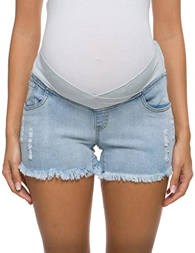 Foucome Pantaloncini di jeans premaman sotto il pancione ampia fascia elastica in vita pantaloncini in denim per le donne, Blu chiaro., M